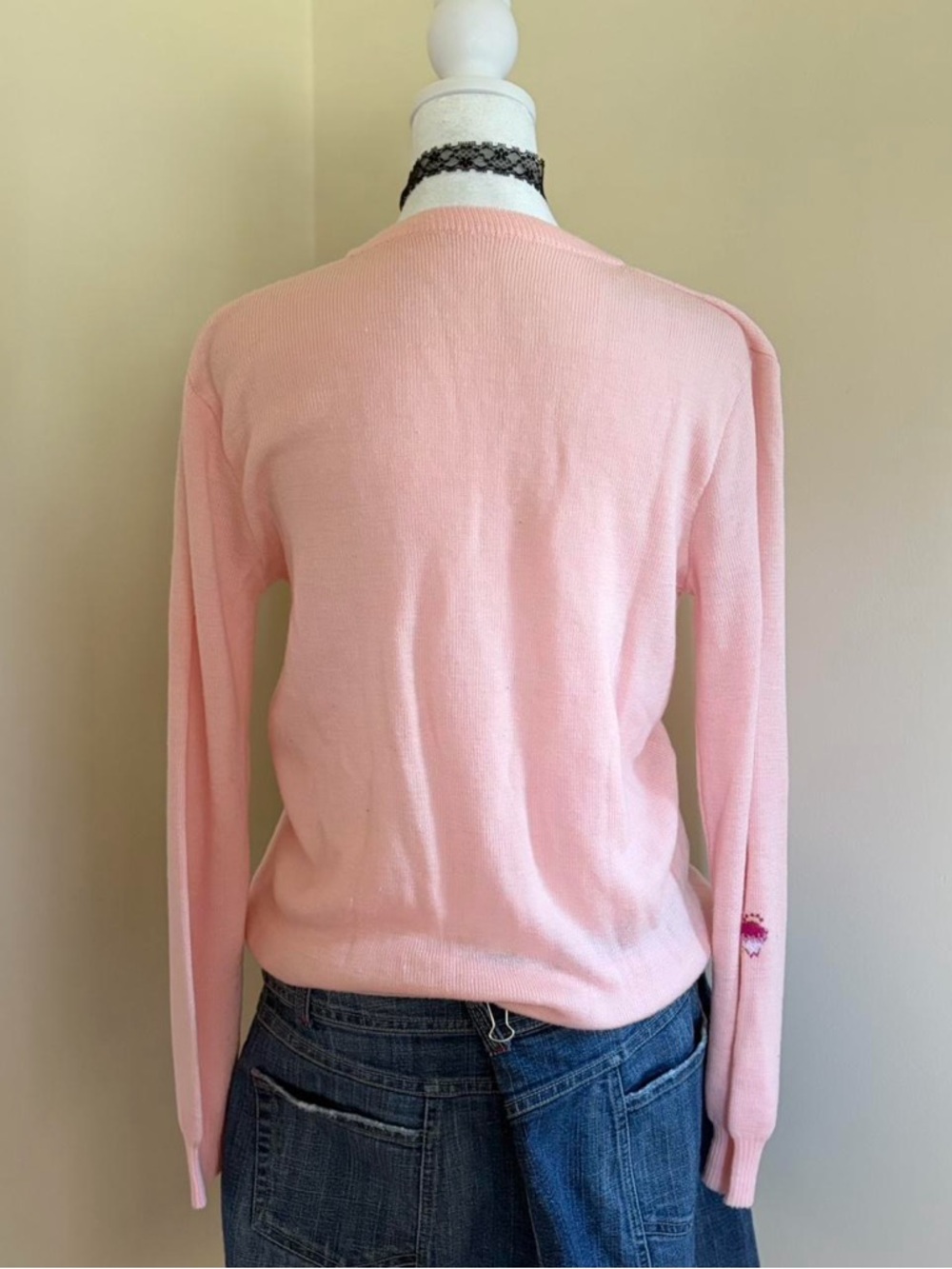 Vintage 70s fairy cottagecore coquette granny pink embroidered floral sweater M - Picture 7 of 10